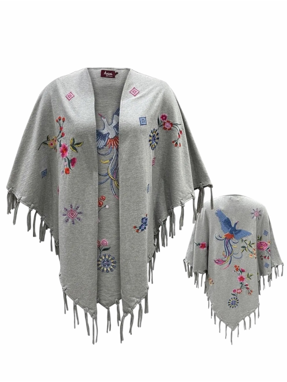 AVANI Birds for Paradise Embroidered Gray Fringe Shawl Size S/M